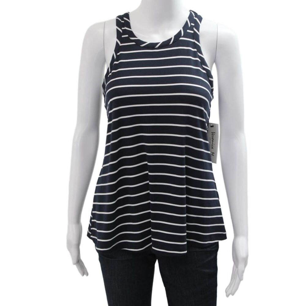 Veronica M Women Jersey Striped Sleeveless Tank Round Neck Dark Blue Size M